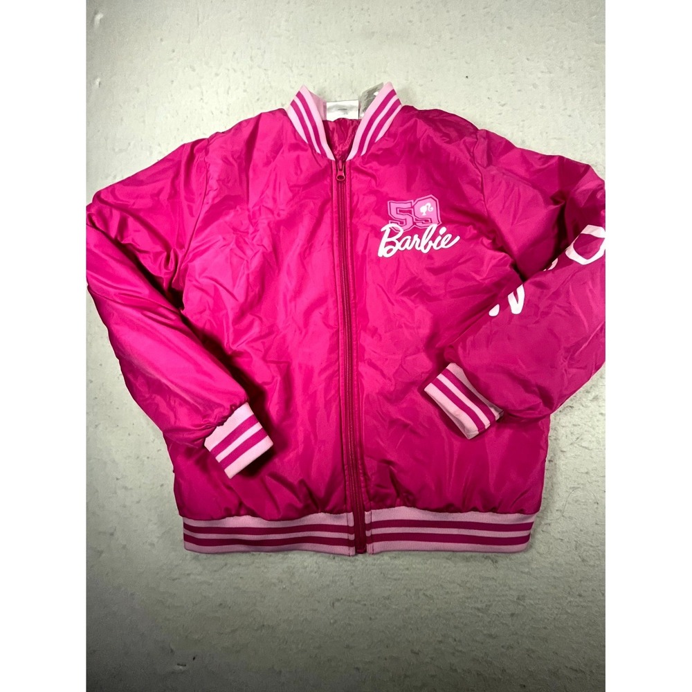 Barbie Varsity Bomber Jacket Girls 10/12 Pink Graphic Lined Full Zip Outerwear